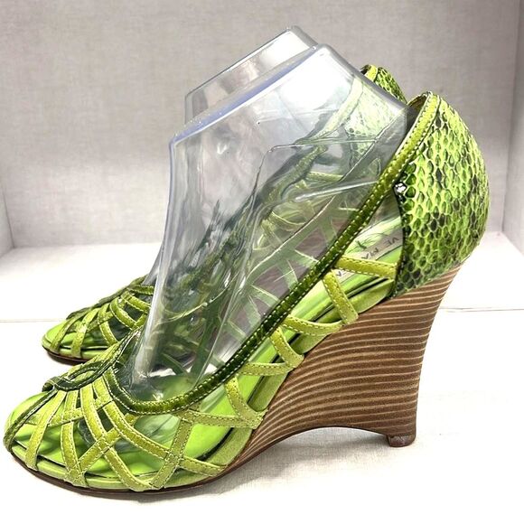 Y2K Steve Madden peep toe green reptile wedges Academia size 8.5 - Picture 2 of 9